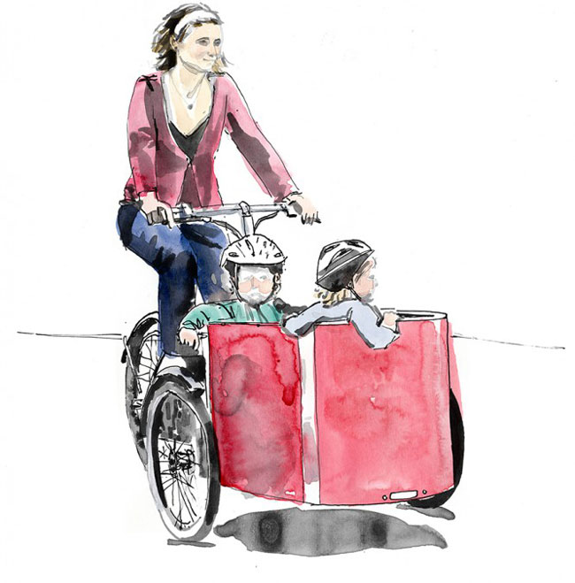 A Nihola cargo tricycle in a watercolour-style illustration