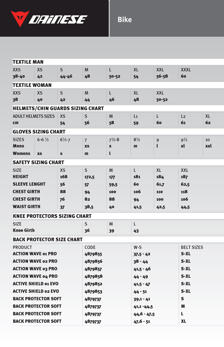 Dainese gloves size chart