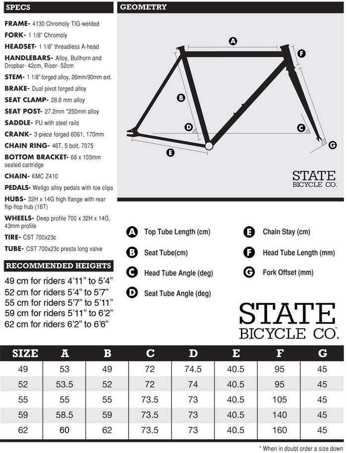 State Bicycle Size Chart